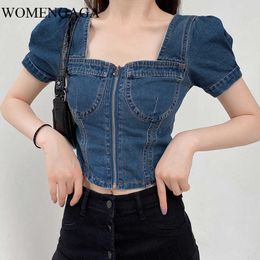 Sexy Denim Square Collar Women T-shirt Short Puff Sleeve Zipper Blue Crop Top Lace Up Slim Fit Beauty Back Summer WQ09 210603
