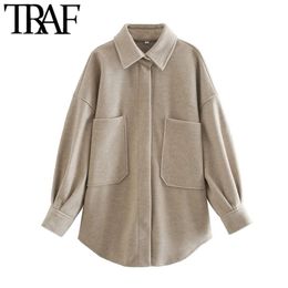 TRAF Women Fashion With Pockets Oversized Woollen Jacket Coat Vintage Long Sleeve Snap-Button Female Outerwear Chic Tops 210922