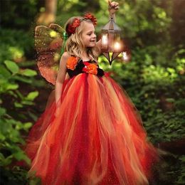 Girls Orange Butterfly Tutu Dress Kids Crochet Tulle Dress Ball Gown with Wing Children Halloween Party Cosplay Costume Dresses 210303