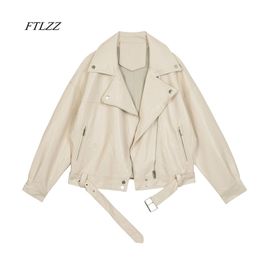 FTLZZ Spring Women Pu Leather Motorcycle Jacket Female With Belt Solid Color Jackets Ladys Loose Casual Jacket 211110