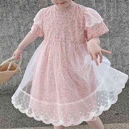 Dress Summer Flower Print Net Yarn Princess Kids Clothes Girls Party Children es 210528