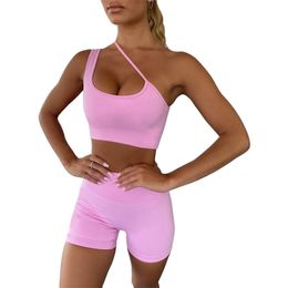 Arrival Solid Workout Summer Gym Clothing Two Piece Sets Womens Outfits Crop Top Tunic Skinny Biker Shorts Sweatpants 210525