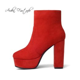 red platform chunky heels Australia - Boots Arden Furtado 2021 Spring Autumn Chunky Heels Platform High 12cm Ankle Round Toe Yellow Red Burgundy Matin