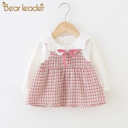 Bear Leader Baby Girl Costume 2021 New Girls Autumn Cute Dresses 6-24M Chlidren Plaid Princess Dress with Bow Tie Spring Clothes 210315