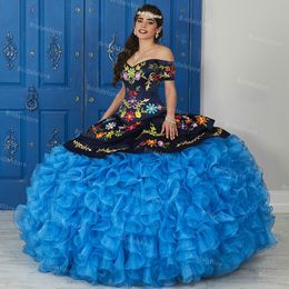 Vintage Mexican Girls Floral Blue Quinceanera Dresses 2021 Elegant Off The Shoulder Embroidery Organza Ruffles Prom Dress Sweet 15 Birthday