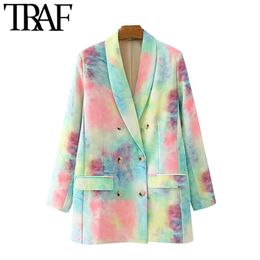 TRAF Women Fashion Double Breasted Tie-dye Print Blazer Coat Vintage Long Sleeve Pockets Female Outerwear Chic Tops 211019