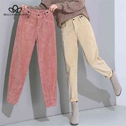 Bella autumn winter solid casual warm pants ladies elegant corduroy harem female loose high waist leggings 210925