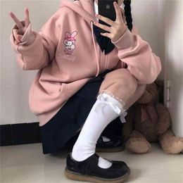 Anime Print Hoodie Women Long Sleeve Cute Plus Velvet Sweatshirt women Winter Kawaii Fashion Zip Up 210809