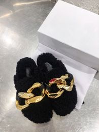 women furry letter slippers gold chain fluff slides fuzzy soft house ladies shoes fur fluffy sandals winter warm slipper sexy flip flops wool loafer with box Black