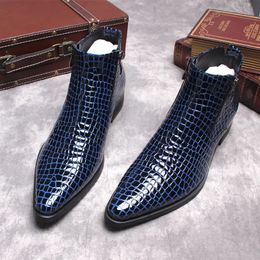 Luxury Ankle Boots Fashion Blue Handmade Genuine Leather Crocodile Boots Pointed Toe Zipper Wedding Office Dress Shoes Men Boots