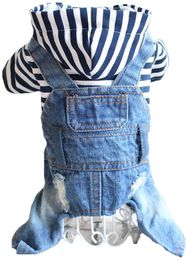 Dog Apparel Denim Striped or Grid Pet Dogs Jumpsuits Puppy Cat Hoodie Jean Coat Four Feet Clothes for Small Doggy Teddy Yorkies Sweatshirt Jeans Blue L A157