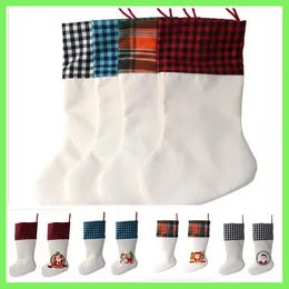 gifts bags for kids NZ - Sublimation Plaid Christmas Stocking Linen White Candy Socks Santa Claus Gift Bag Xmas Tree Oranment Festival Supplies for Kid 591