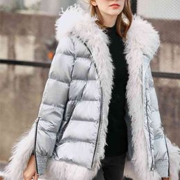 Fur Collar Down Jacket Winter Women's Elegant Warm Solid Loose Hooded Female Long Thick Coat 11940498 210527