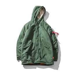 Mid-Long Japanese Style Hooded Cotton Padded Jackets Men Green Wool-Liner Thick Windproof Fashion Parka Pockets Coats Hoodies 210603