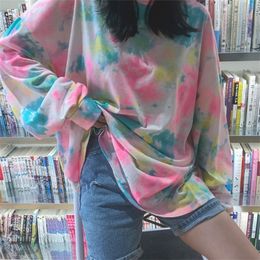 Long Sleeve Streetwear Harajuku Oversized T-Shirt T Shirt Top Punk Hip Hop Korean Graffiti Contrast Pink Tie Dye Print Women Tee T200512
