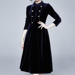 Women Lions Double-Breasted Velvet Autumn Fashion Long Sleeve Bow Collar Vintage Female Midi Dress 210603