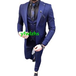 Handsome One Button Groomsmen Peak Lapel Groom Tuxedos Men Suits Wedding/Prom/Dinner Best Man Blazer(Jacket+Pants+Tie+Vest) W688