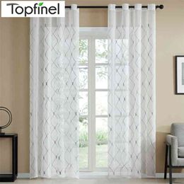 Topfinel Geometric Design White Sheer Curtain Tulle Window Curtain for Living Room Bedroom Tulle Voile Cafe Curtain Diamond 210712