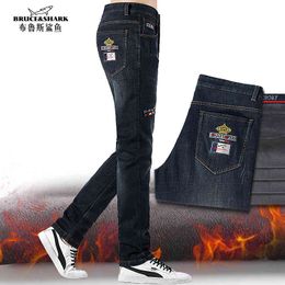 Winter Fleece Jeans Fashion Casual Top Quality Embroidery Straight Stretch heavyweight Big SIZE 42 Men pants