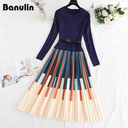 Autumn Winter Elegant Striped Print Knitted Stitching Pleated Dress Women Long Sleeve Thick Pullover Sweater Office Midi Vestido G1214