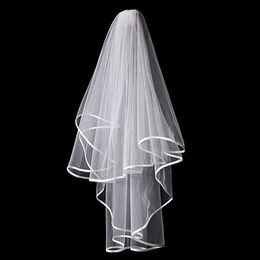 Tulle White Bridal Veils with Comb Elbow Length Two Layer Ribbon Edge Wedding Accessories