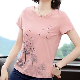 Print Embroidery T Shirt Women Summer Tops Loose T- Cotton Casual Plus Size Tshirt Female Short Sleeve Tee Femme 210615