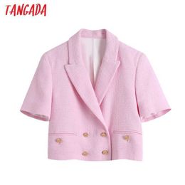 Tangada Women Double Breasted Tweed Cropped Blazer Coat Vintage Long Sleeve Female Outerwear Chic Veste Femme BE522 210609