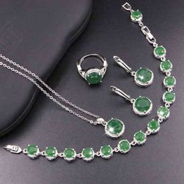 XUTAAYI Earrings 925 Silver Wedding Jewellery Sets For Women Jade green Bracelet Rings Bridal Pendant Necklace Set