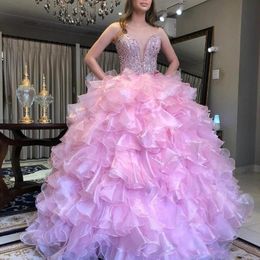 Ruffles katmanlı muhteşem quinceanera elbiseler kristal boncuklu tatlım kolu kolu balo organze parti elbisesi gece elbiseleri 2022 s