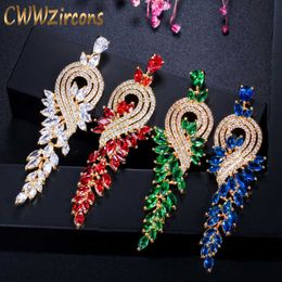 Luxury Blue Crystal Women Wedding Event Jewellery Dangling Cubic Zirconia Long Yellow Gold Colour Drop Earrings CZ375 210714