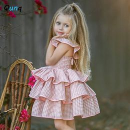 Layered Girls Dress New Plaid Pink Kids Party Clothes for 1 2 3 4 5 Year Girl Summer Backless Children Princess Dresses 210303