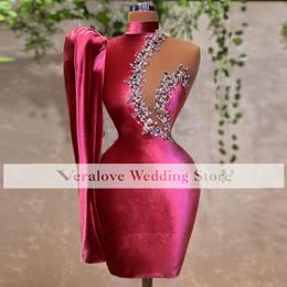 One Shoulder Short Prom Dress Mermaid 2021 Velvet Fuchsia Beads Cocktail Blub Wear Formal Evening Party Gowns