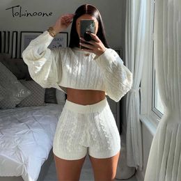 Tobinoone Two Piece Set Women Set Autumn Winter Outfits Long Sleeve Knitted Sweater Top And Shorts Pants Suit Sexy Sweater Set Y0625