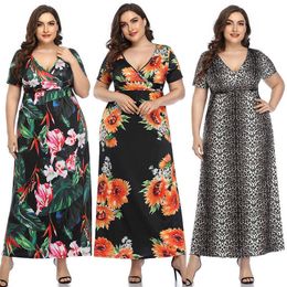 Vintage Floral Maxi Dresses Women Elegant Sexy V Neck Short Sleeve Print High Waist Long Summer Boho Beach Dress Female Vestidos 210526