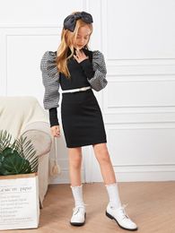 Girls Contrast Houndstooth Puff Sleeve Dress Without Belt SHE