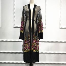 Плюс размер длинной рубашки женщины кимоно мохера цветочные вышивка шифоновая сетка блузка кардиган одежда ROPA веренение халат Chemise Femme 210315