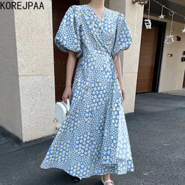 Korejpaa Women Dress Korea Chic Summer Elegant V-neck Cross Design Side Strap Small Floral Bubble Sleeve Vestido 210526