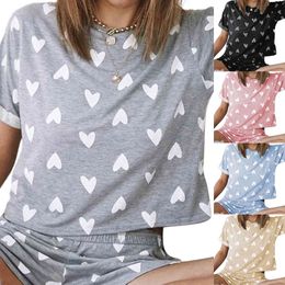 Women Love Pattern Pajamas Two Piece Sets Casual Round Neck Short-sleeved Top Loose Shorts Home Clothes Suit X0526