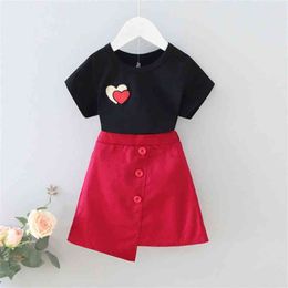 Summer Fashion Girls Outfits Love Embroidery Short Sleeve Shirt&skirt 2 Pieces Cute Korean Toddler Children Clothes Set 210715
