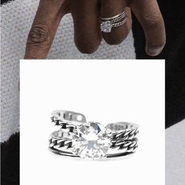 S925 Sterling Silver Retro Distressed Zircon Ring For Men And Women With Hip-Hop Style Opening Adjustable