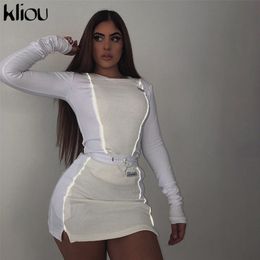 Kliou women fashion Reflective Striped patchwork two pieces set white full sleeve crop top bottom skirts outfit female clothing 211101