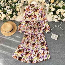 Floral Print Dress Autumn Fashion Women's Sweet Wooden Ear Stand Collar High Waist Pleated Long Sleeve Vestidos N982 210527