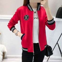 Women's Bomber Jacket Coat Autumn Casual Stand Neck Long Sleeve Patchwork Red Coats Plus Size Baseball Wear Loose Short Outwear 210526