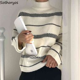 Women Striped Pullovers Baggy Batwing Sleeve Sweater Turtleneck BF Trendy Vintage Teenager Warm Knitting Outwear Korean-style Y1110