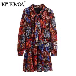 KPYTOMOA Women Fashion Floral Print Pleated Mini Dress Vintage Bow Tied Collar Long Sleeve With Lining Female Dresses Mujer 210309