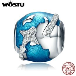 WOSTU 925 Sterling Silver I Love Travel & The World Beads Fit Original WST Charm Bracelet DIY Fine Jewellery Gift CQC183 Q0531