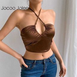 Jocoo Jolee Women Summer Sexy Strappy Y2K Hollow Halter Crop Top Backless Tee Solid V-Neck Fitness Camisole Party Club 210619