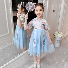 2021 Summer Girls Hanfu Clothes Kids Florla Dresses For Children Girls Mesh Flower Party Wedding Princess Tutu Dress 4 -12 Years Q0716