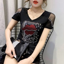 Summer Korean Clothes T-shirt Fashion Diamonds Lip Women Tops Ropa Mujer Cotton Short Sleeve Lace Sexy Back Shirt Tee New T03804 210306