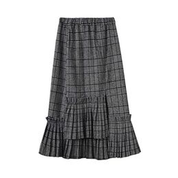 PERHAPS U Grey Khaki Plaid Elastic Waist Pleat Winter Autumn Empire Asymmetrical Side Split Skirt Casual S0115 210529